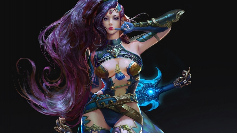 he weikang, frumusete, fantasy, purple, girl, luminos, black, blue