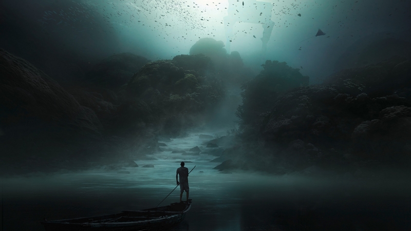 luminos, fish, ocean, man, silhouette, sea, fantasy, boat, summeer