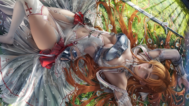 fantasy, girl, luminos, anime, flower, yuuki asuna, manga, sakimichan, redhead