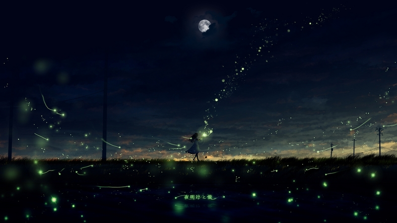 pretty, anime, grass, scenic, beautiful, amazing, pole, dusk, moon, clouds, magical, girl, fireflies, night