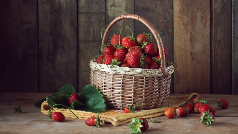 still life, strawberries, wooden, basket