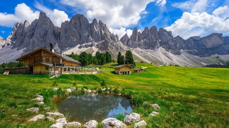 hills, rocks, house, grass, beautiful, cabin, sky, lake, pond, mountain, wildflowers, dolomites