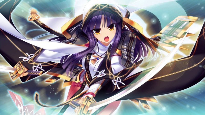 katana, skirt, anime, sword, assassin, yellow eyes, purple hair, long hair, hood, anime girl, robe