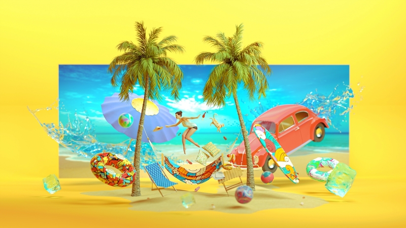 art, luminos, yellow, sea, thebakaarts, fantasy, vara, water, green, girl, car, summer, funny, palm tree, blue