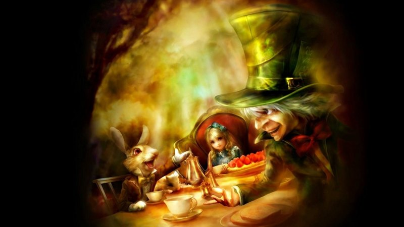 orange, alice, shu, black, mad hatter, fantasy, girl, green, anime, white rabbit