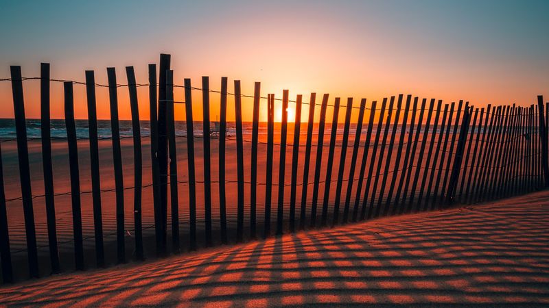 fence, shadow, sunset, sand, 4k