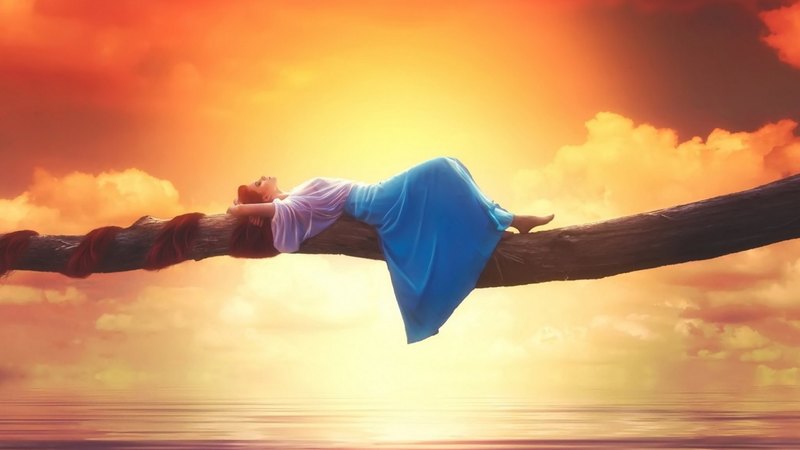 rapunzel, orange, redhead, relax, sunset, woman, branch, sea, girl, blue