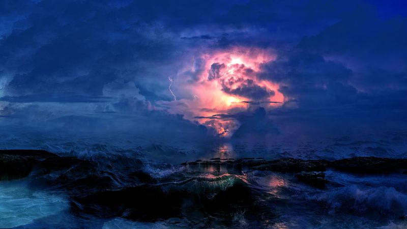 storm, sea, clouds, lightning, waves, overcast, 4k