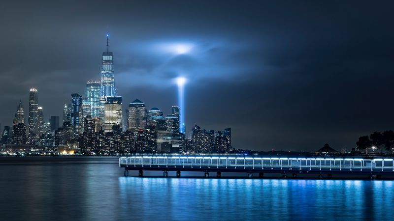 night city, panorama, skyscrapers, city lights, bay, 4k