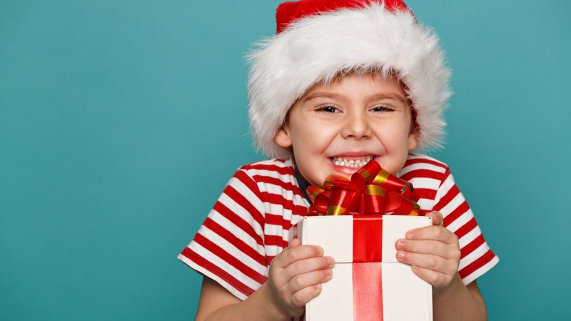 present, stripes, child, smiling, santa hat, christmas time, happy