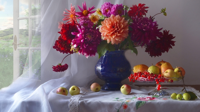 fruits, flowers, vase, window
