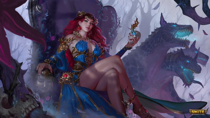 dress, frumusete, luminos, redhead, smite, goddess, persephone, game, fantasy, throne, girl, jaggu dada, blue