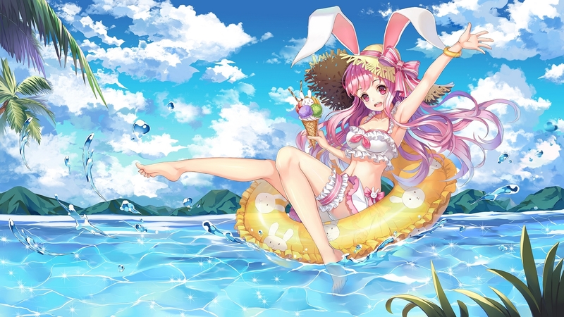 anime, yellow, summer, blue, ears, manga, water, vara, girl, ryuu32, bunny