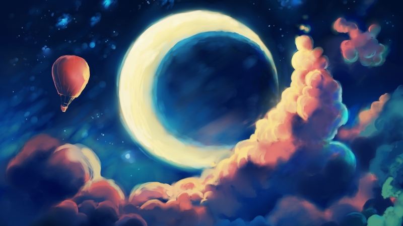 art, cloud, luna, luminos, sky, air balloon, fantasy, moon, blue
