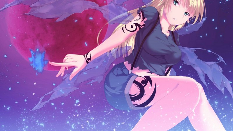 pretty, woman, sweet, fantasy, moon, anime, shorts, beauty, pink, fairy, night, stars, art, shirt, fiusha, female, wings, lovely, blonde, sky, lonf hair, cute, water, girl, purple, ninfa, lady