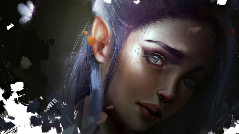art, luminos, elf, faced, pain, fantasy, aoleev, girl, purple, portrait