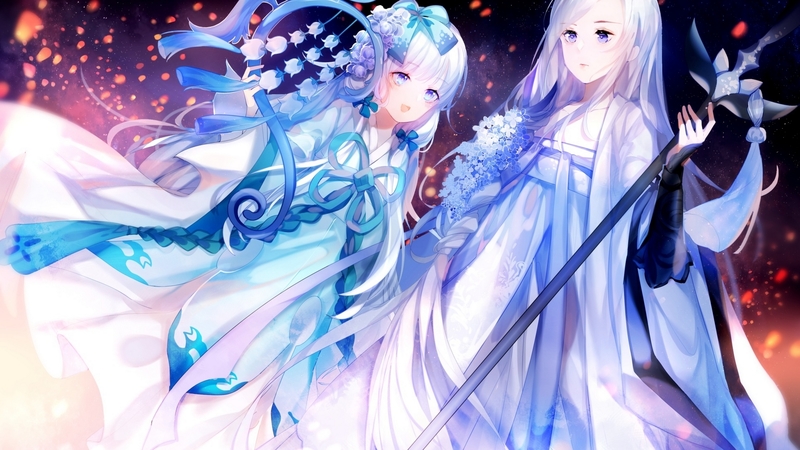 girl, yu jiu, anime, manga, kimono, blue, couple