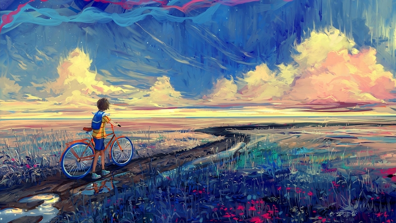 cloud, blue, bycicle, anime, manga, hangmoon