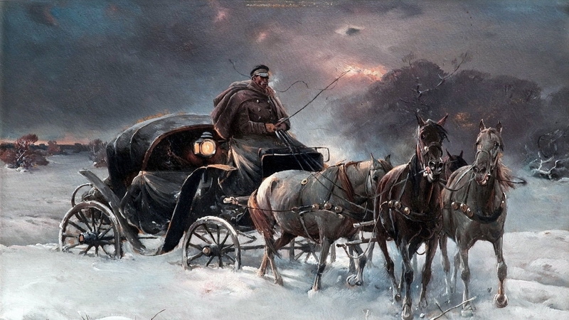 art, snow, alfred  von  verush  kowalski, painting, pictura, horse, storm, winter