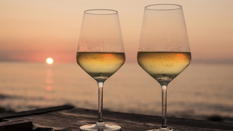 beach, two, wine, glasses, sunset, white