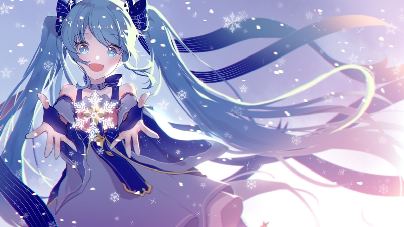manga, yuki miku, winter, sulkitty, snowflake, girl, anime, pink, blue