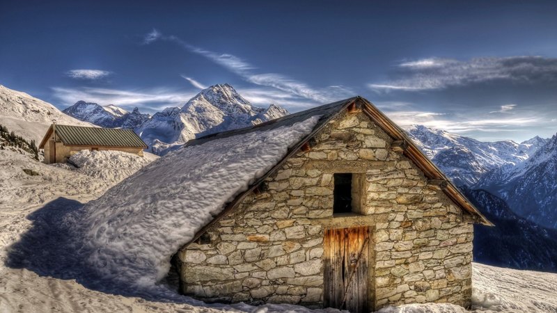 stone, mountains, cotages, hdr, clouds, winter