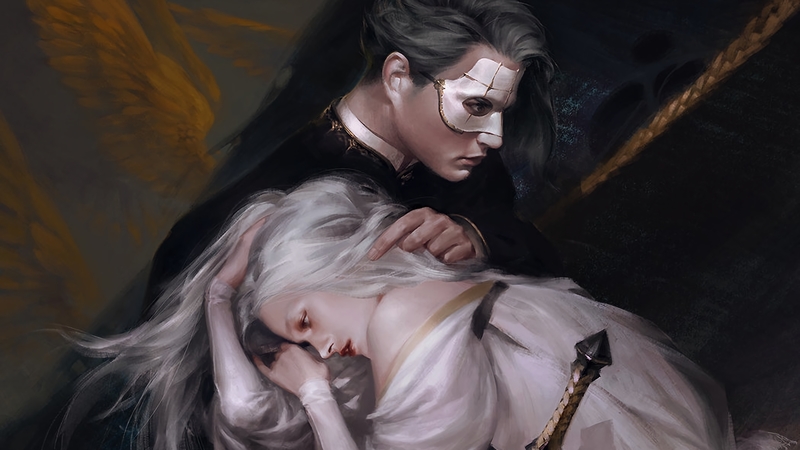 art, luminos, black, man, phantom of the opera, fantasy, girl, mingzhu yang, white, mask, couple
