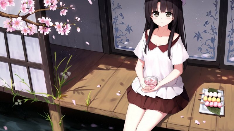 sakura, house, girl, food, anime, trees