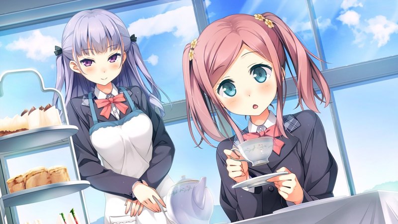 sefuku, drink, koi suru kanojo no bukiyou na butai, brown hair, school uniform, kokonoe maria, chiyoda momoka, purple hair, apron, tea