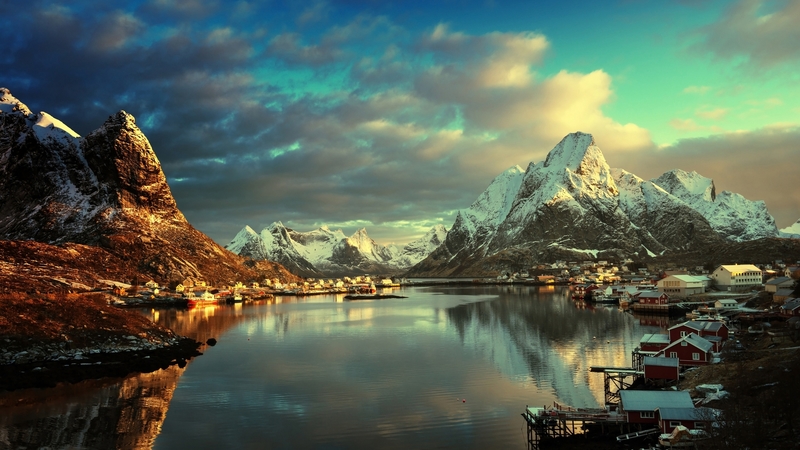 mountaind, lights, house, norway, village