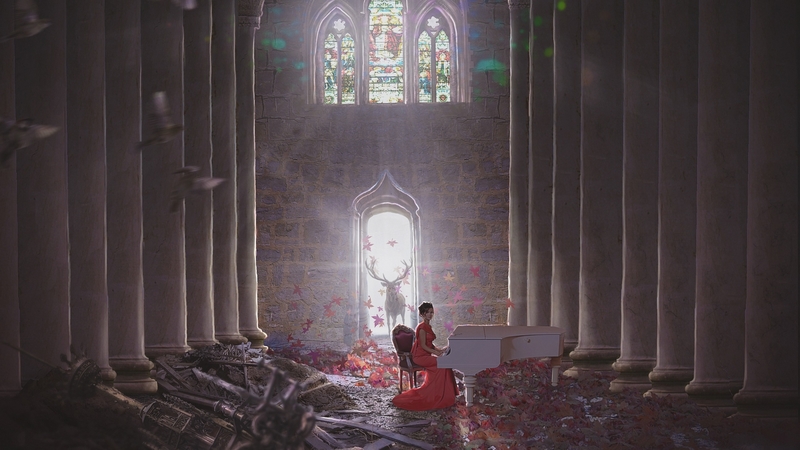 red, art, window, luminos, music, piano, deer, horns, instrument, fantasy, girl, colonade, temple, ruin