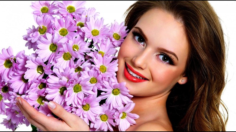smiling, female, flowers, bouquet
