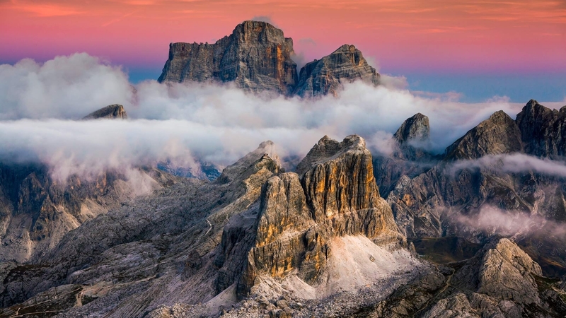 dolomites, sunset, clouds, alps