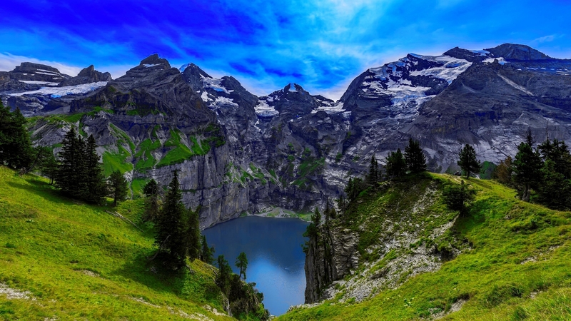 hills, rocks, view, grass, greenery, beautiful, sky, lake, mountain, cliffs, summer, landscape