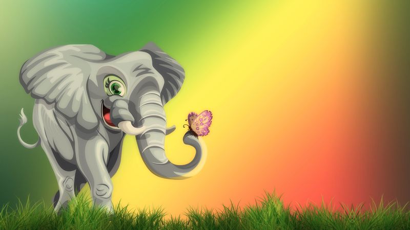 elephant, butterfly, cute, art, grass, 4k