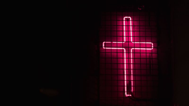 cross, neon, lights, mesh, 4k