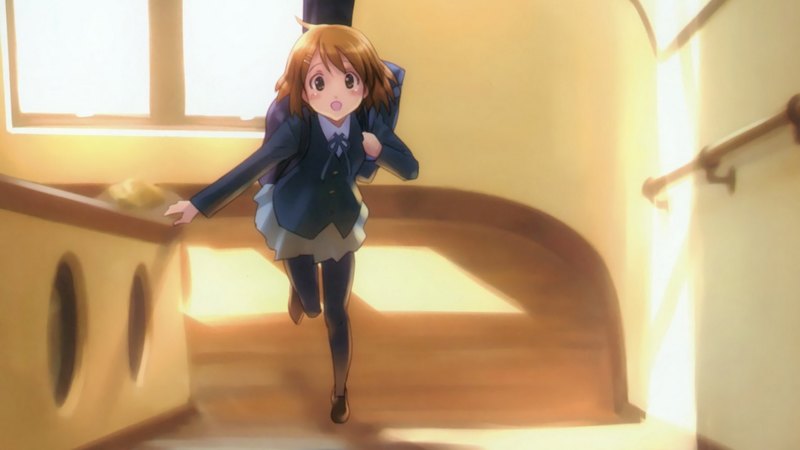 pretty, yui hirasawa, sweet, staircase, nice, stair, anime, yui, anime girl, k  on, hirasawa yui, k on, female, lovely, brown hair, short hair, cute, kawaii, guitar, girl, kon