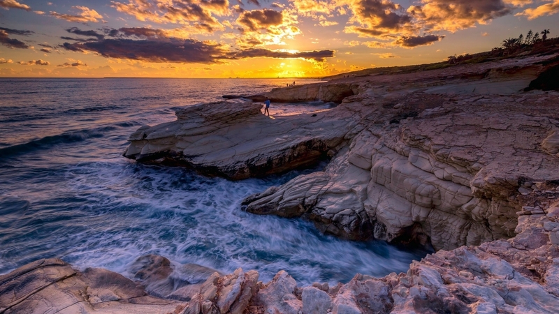 sky, coast, rocks, sunset, waves, clouds