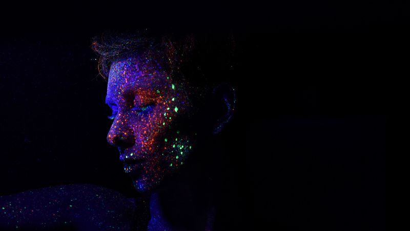 face, sequins, makeup, ultraviolet, glow, shine, 4k