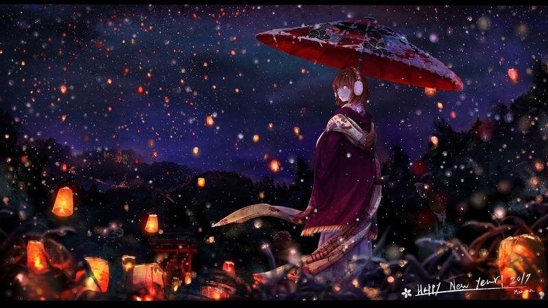 red, lantern, umbrella, manga, kimono, manoma01, girl, anime, light, blue, night