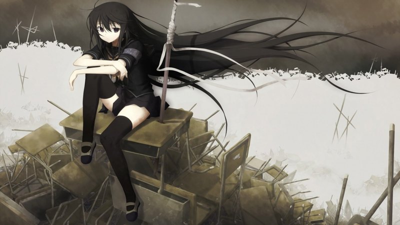 table, girl, anime, black hair