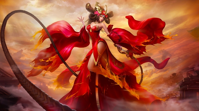 pretty, fire, red, art, fantasy, girl, digital, woman