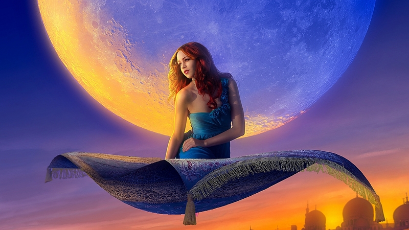 frumusete, naouriredouane1998, luminos, orange, luna, sky, jasmine, fantasy, flying carpet, aladdin, moon, girl, princess, blue