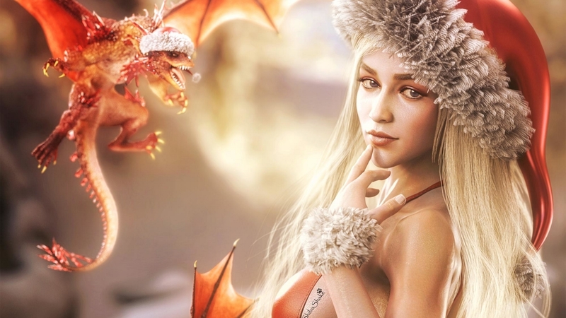 shibashake, dragon, daenerys targaryne, hat, red, christmas, luminos, craciun, orange, game of thrones, fantasy, santa
