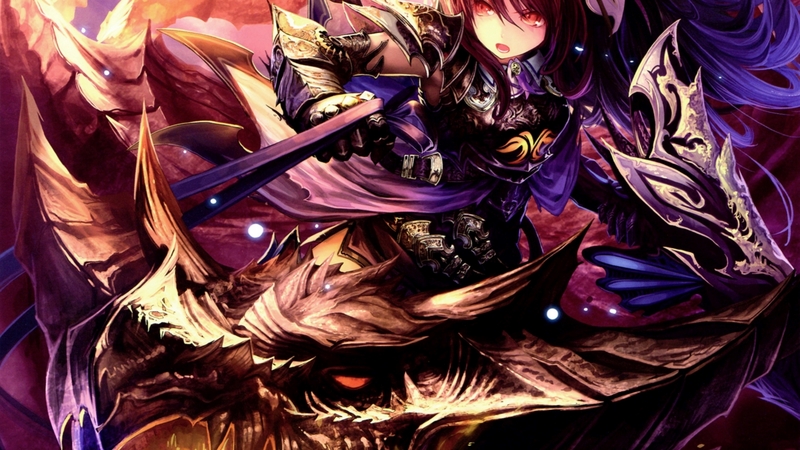 pretty, beautiful, woman, dragon, horns, sweet, anime, beauty, anime girl, female, lovely, black, armor, cute, flames, girl, purple, lady, knight