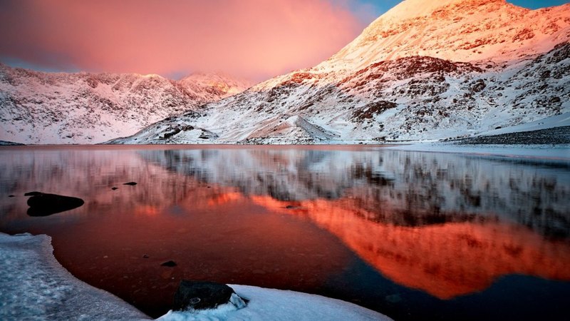 lake, sun, winter, mountains