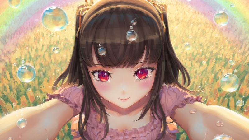 pretty, beautiful, drops, rainbow, woman, sweet, anime, flowers, beauty, anime girl, long hair, pink, black hair, female, lovely, colors, soft, cute, water, girl, rain, lady, field