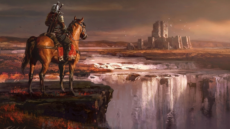 geralt, fantasy, leonardo borazio, luminos, the witcher, waterfall, man, horse, castle