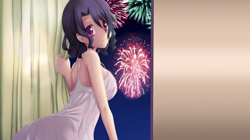 pajamas, pretty, dress, hd, curtain, blck hair, adorable, sweet, nice, anime, fireworks, anime girl, female, lovely, window, plain, short hair, cute, kawaii, girl, simple, sundress