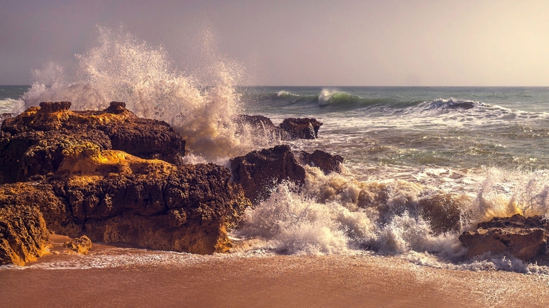 rocks, beach, waves, sea, splash